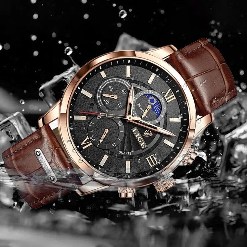 Relógio de quartzo de couro marrom de luxo masculino, relógio impermeável, relógios esportivos casuais, marca top, novo, 2022