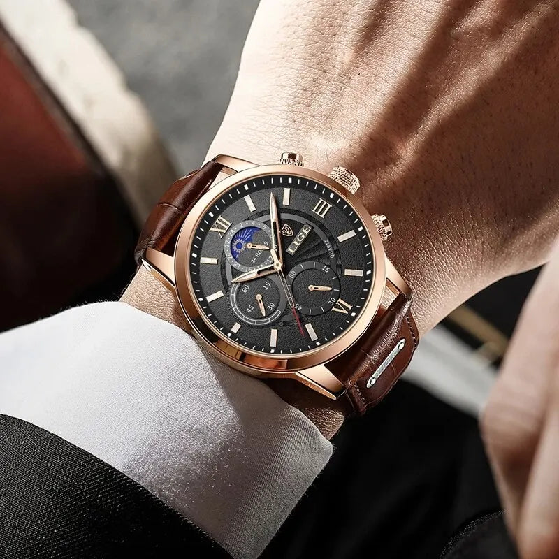 Relógio de quartzo de couro marrom de luxo masculino, relógio impermeável, relógios esportivos casuais, marca top, novo, 2022